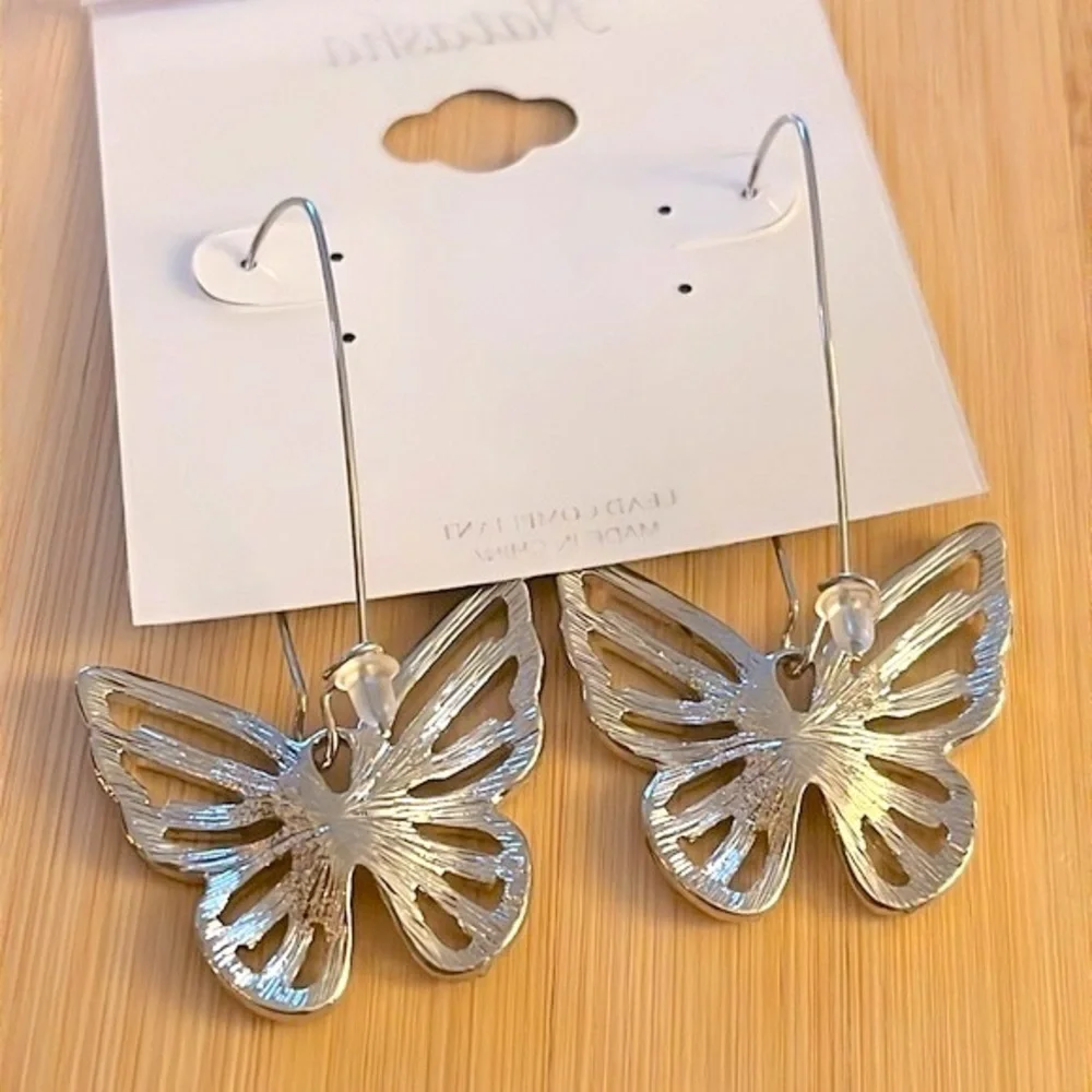 Brand New Natasha Rhinestone Butterfly Silver Tone Drop Earrings Sparkly